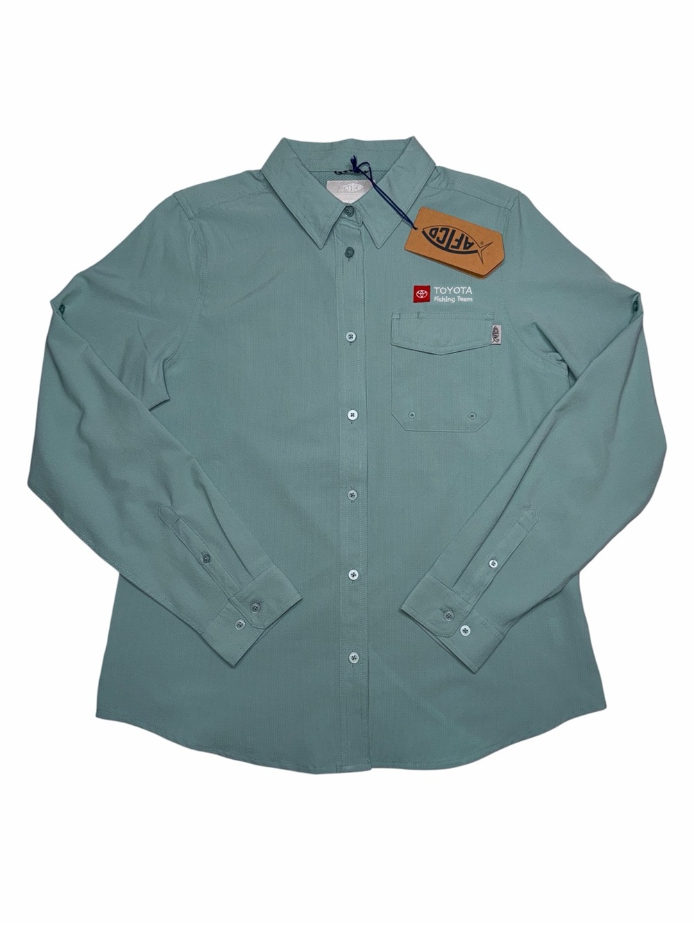 AFTCO Toyota Fishing Team LS Women Outdoors Button Up Shirt Sz Med Aqua Blue NEW